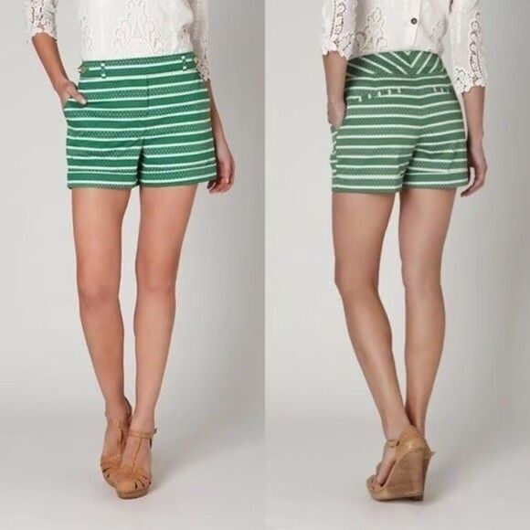 Anthropologie Meadow Rue Green Striped  Sailor Polka Dot Madison Shorts Size 0 - Picture 1 of 12